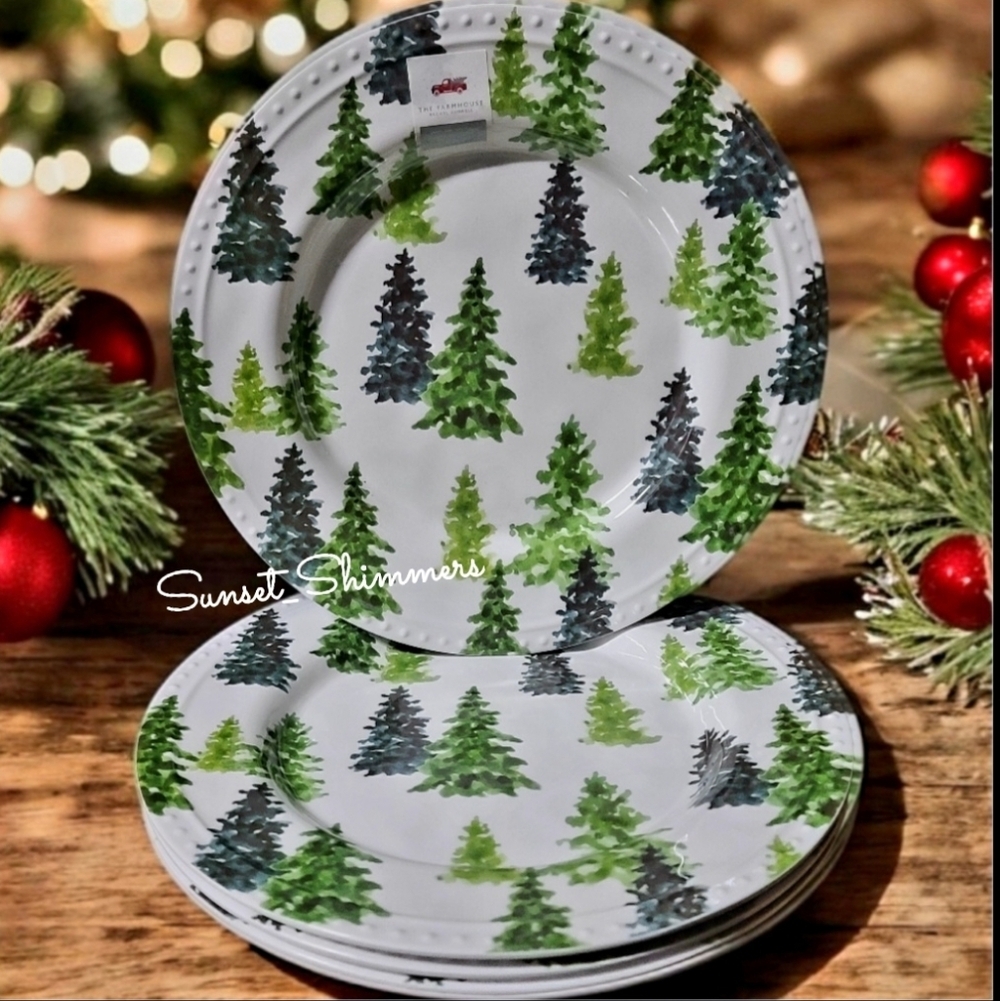 4pc Rachel Ashwell Hobnail Evergreen Christmas Tree Melamine Dinner Plate Set